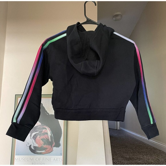 Adidas Girls Size 6 Pullover Hoodie Sweatshirt Black Rainbow Stripes Big Logo - Picture 2 of 5
